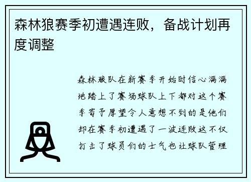 森林狼赛季初遭遇连败，备战计划再度调整