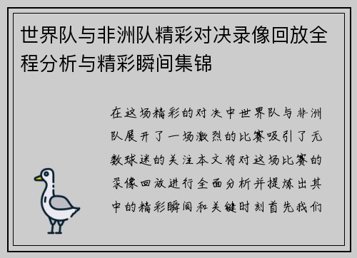 世界队与非洲队精彩对决录像回放全程分析与精彩瞬间集锦